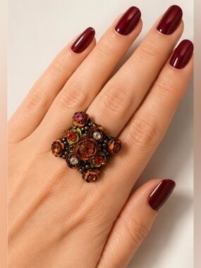 ✨🌹Vintage Floral Metallic Enamel Rhinestone Cluster Ring🌹✨